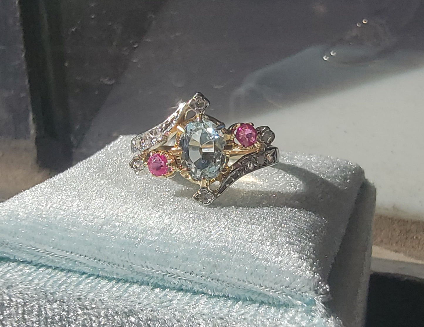 18k gold two tone aquamarine, diamond & ruby estate ring
