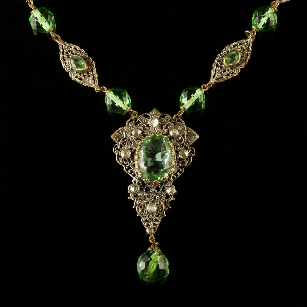 Antique Victorian Green Paste Necklace Filigree 1900