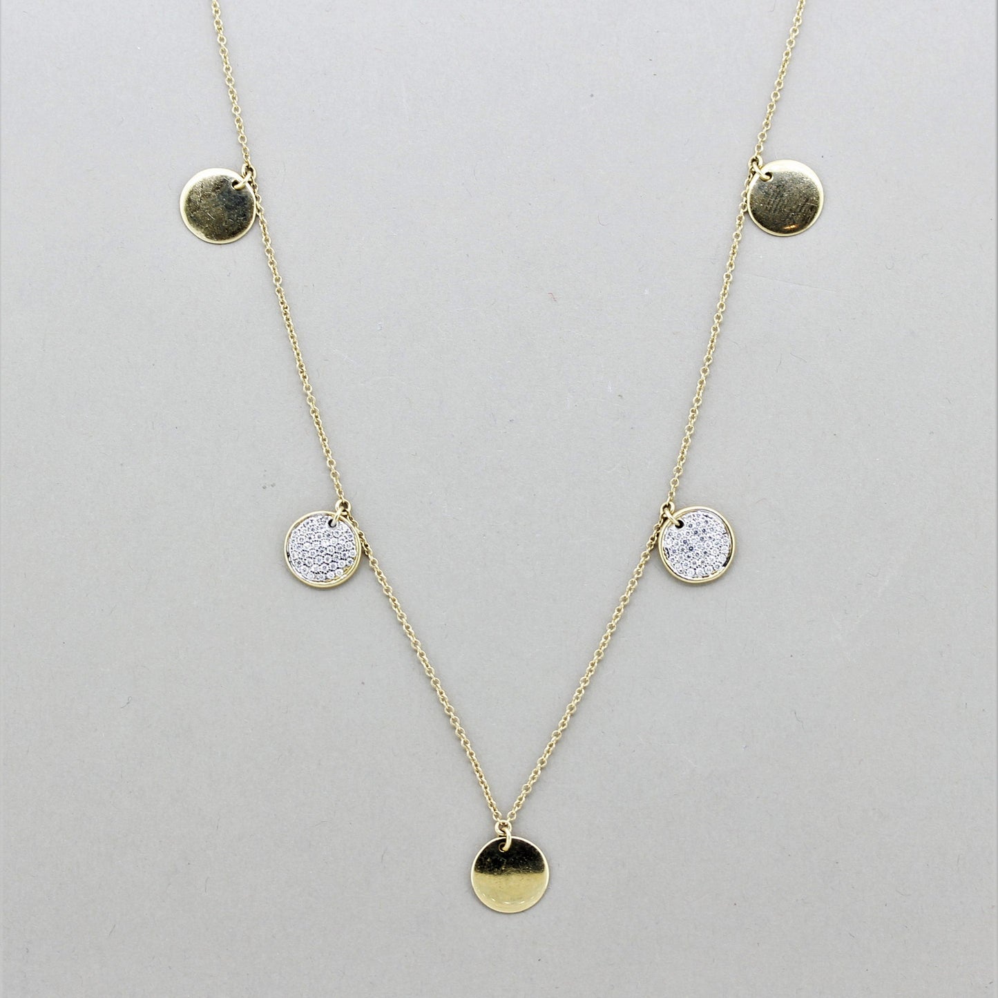 Long Diamond Gold Disk Necklace, 28 inches