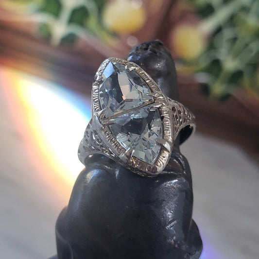 14k white gold c.1920s filigree Aquamarine ring