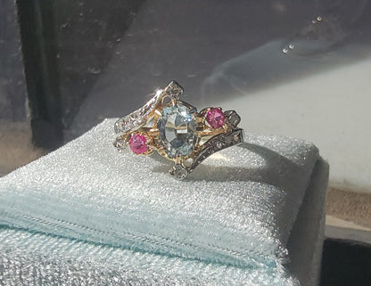 18k gold two tone aquamarine, diamond & ruby estate ring
