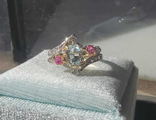 18k gold two tone aquamarine, diamond & ruby estate ring