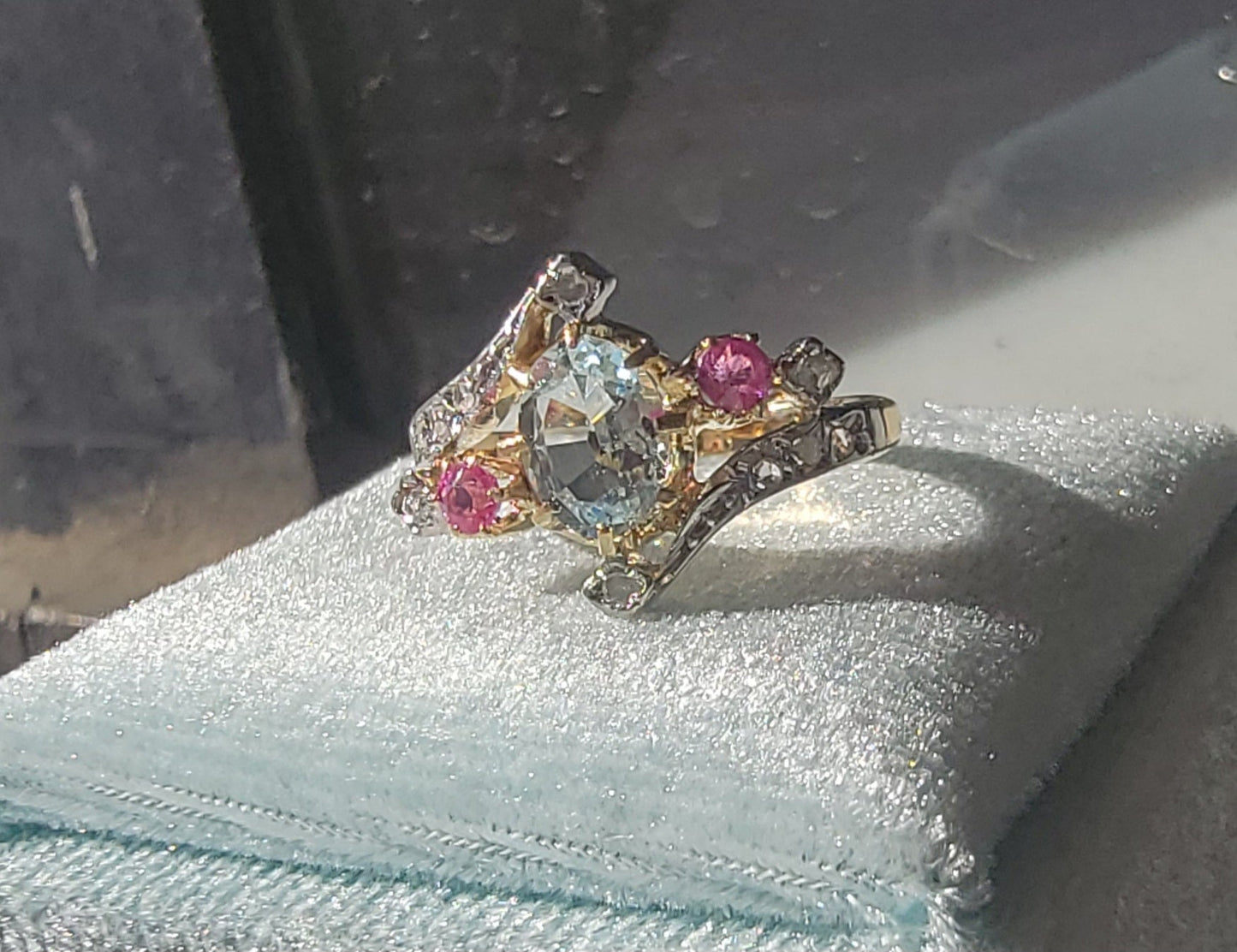 18k gold two tone aquamarine, diamond & ruby estate ring