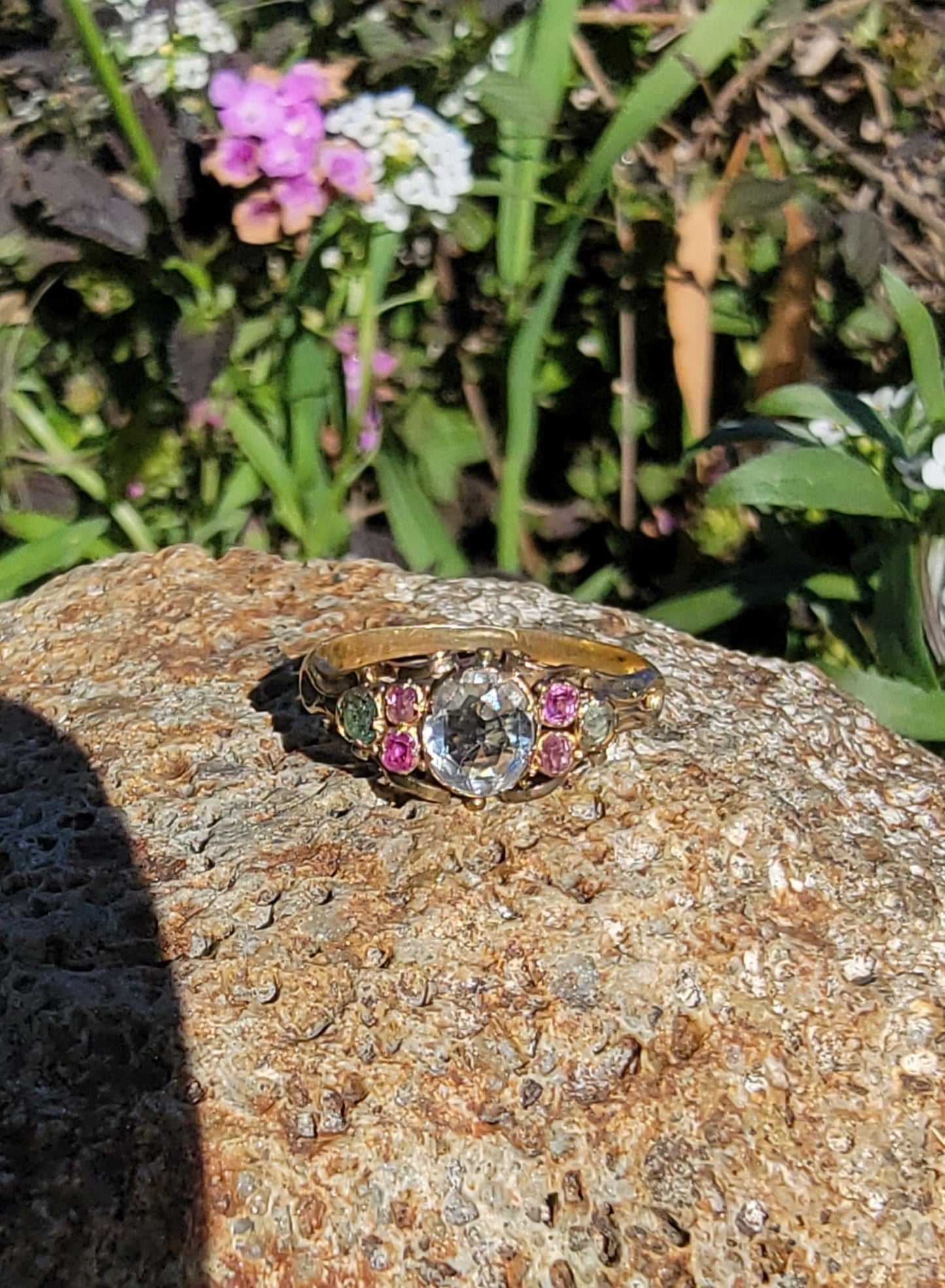 15ct gold two tone aquamarine, emerald & ruby estate Georgian ring