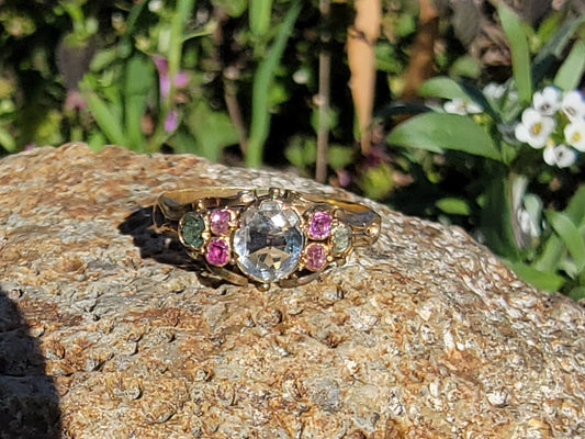 15ct gold two tone aquamarine, emerald & ruby estate Georgian ring