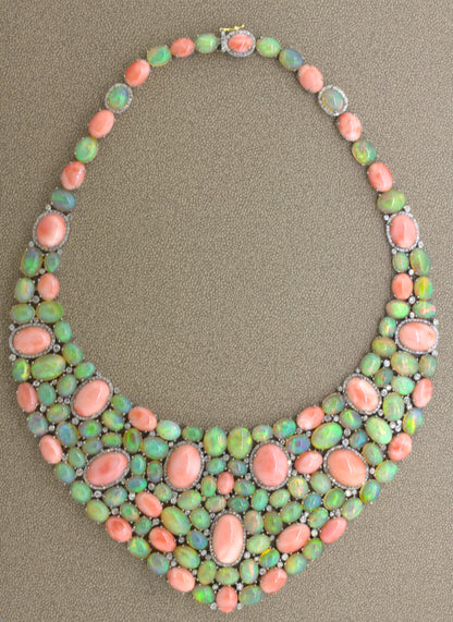 Coral Opal Diamond Sterling Silver Necklace