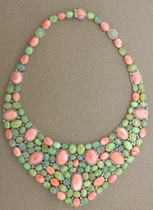 Coral Opal Diamond Sterling Silver Necklace