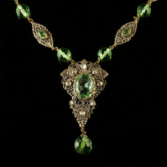 Antique Victorian Green Paste Necklace Filigree 1900
