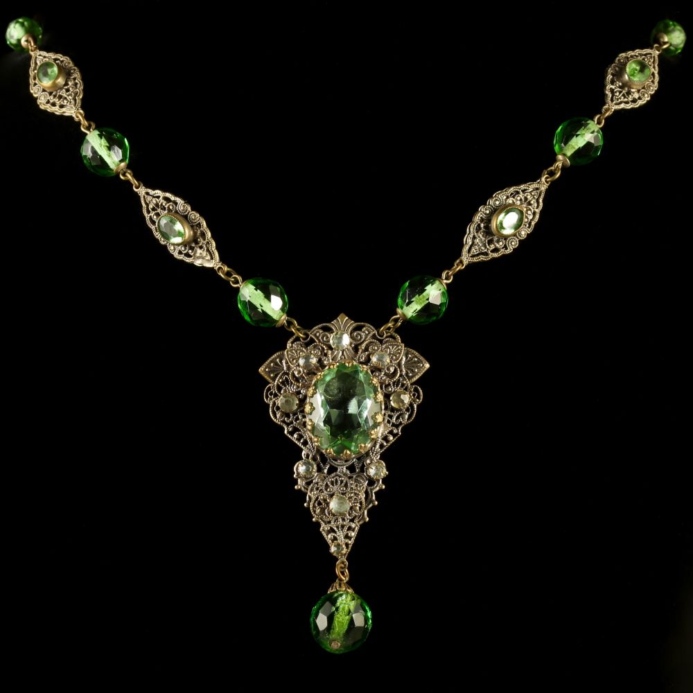 Antique Victorian Green Paste Necklace Filigree 1900