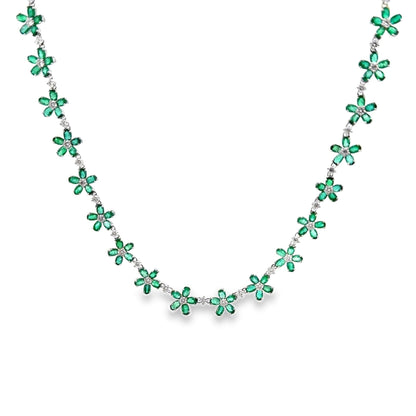 Emerald & Diamond 18k White Gold Flower Necklace