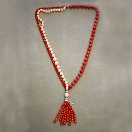 Chantecler Capri 18 Karat White Gold, Diamond, Red & Pink Coral Cherie Tassel Necklace