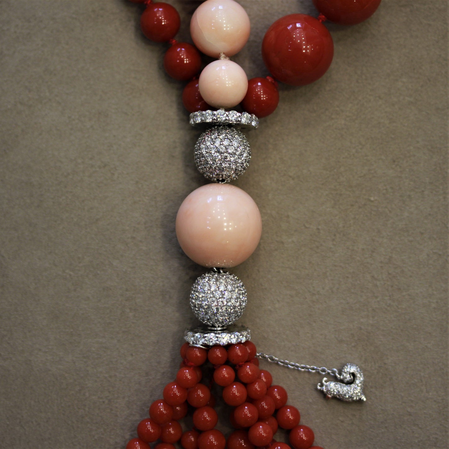 Chantecler Capri 18 Karat White Gold, Diamond, Red & Pink Coral Cherie Tassel Necklace